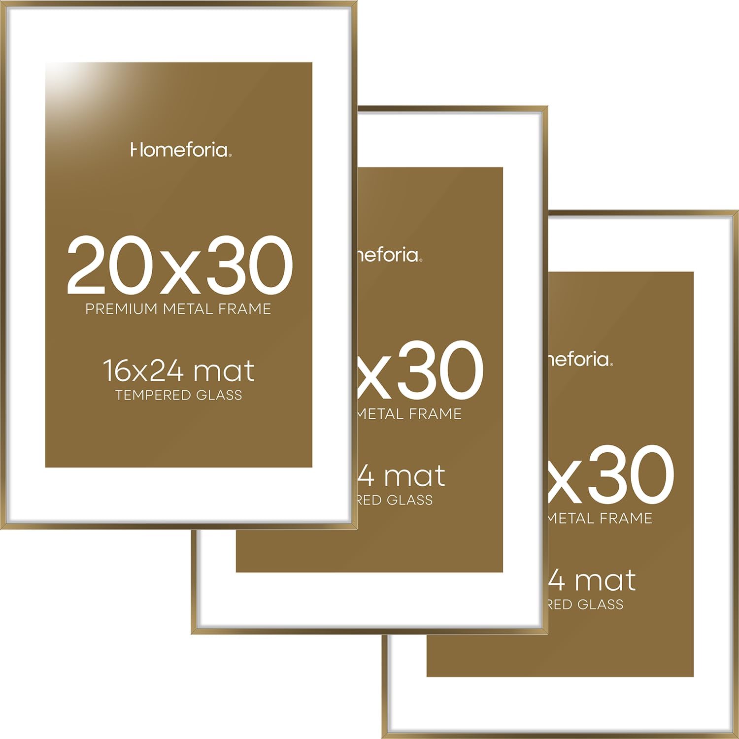 Homeforia 20x30 Picture Frame Bronze, High End Metal 20 x 30 Large Poster Frames with Mat 16 by 24 for Photo, 20x30 Brass Frame Matted to 16x24, 30x20 Hanging Frame, Tempered Glass, Wall Kit, Set of 3