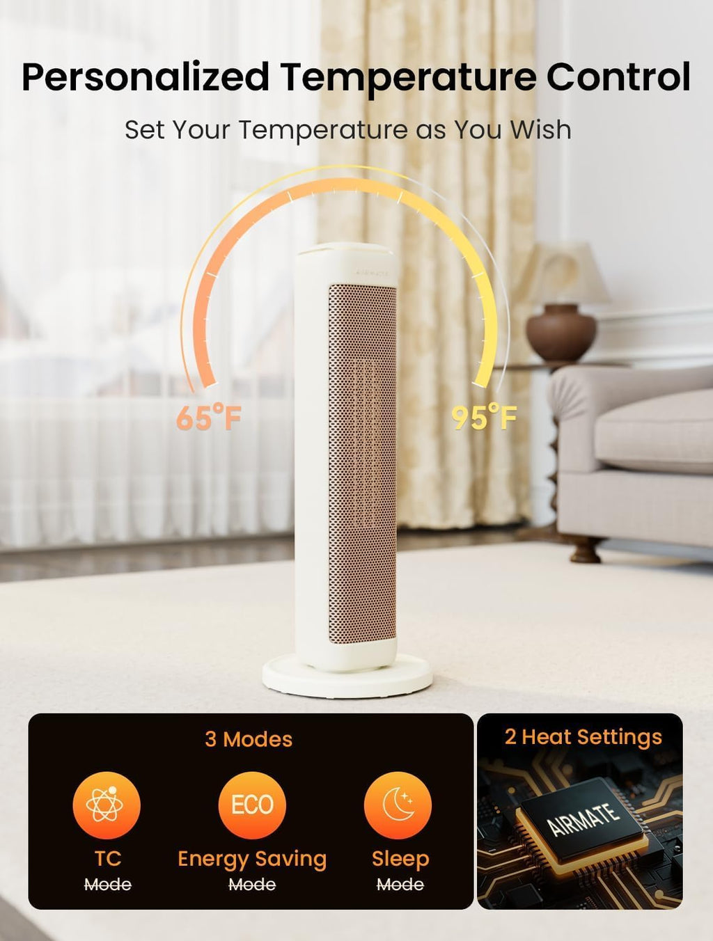 25" Space Heaters For Indoor Use Large Room, Electric Heaters For Indoor Use with Thermostat, Oscillating Room Heaters with Timer, Remote Control, Overheat Protection Tower Heater for Bedroom (Beige)