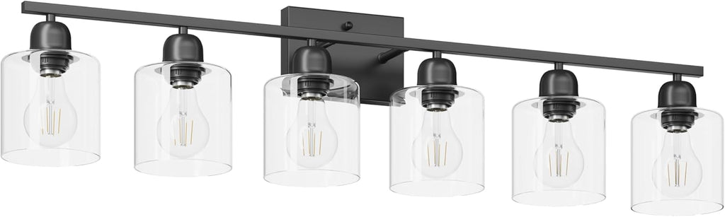 Bath Vanity Lights For Mirror, Restroom Lights Fixtures With Milky White Frosted Glass Shades,Bathroom Over Sink Light Fixtures, Bathroom Light Fixtures Over Mirror (Black with clear glass, 6-Light)