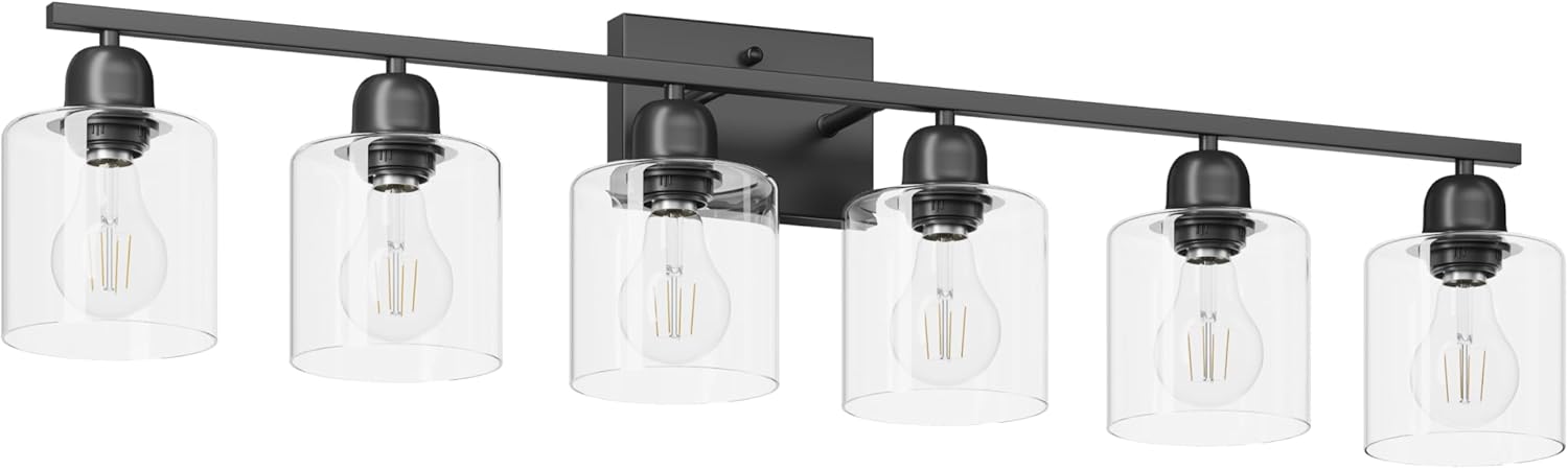 Bath Vanity Lights For Mirror, Restroom Lights Fixtures With Milky White Frosted Glass Shades,Bathroom Over Sink Light Fixtures, Bathroom Light Fixtures Over Mirror (Black with clear glass, 6-Light)