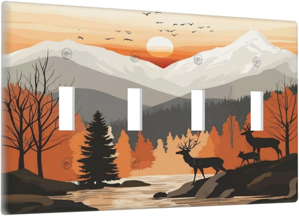 Sun Forest Deer Snow Mountain River Light Switch Covers Quad Toggle Electrical Faceplate 4 Gang Wall Plate Decorative Switch Plates For Bed Room Living Room Decor