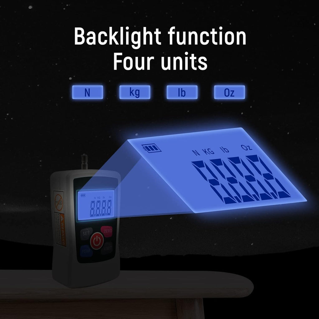 50N Digital Force Gauge Push and Pull Tester Meter with 4 Measurement Units N Kg Lb Oz, Automatic Backlight, Buzzer Alarm Function,1% Accuracy