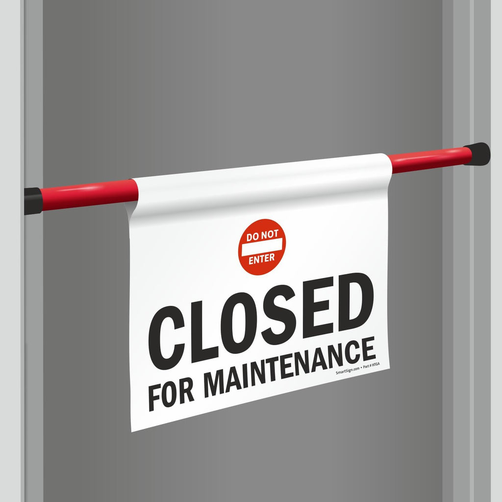 SmartSign 3-Pack 'Closed For Maintenance' Hanging Doorway Barricade Sign with Symbol, Spring-loaded Aluminum Pole, Torsion Pole and 11.25" x 18" Vinyl Sign Kit, Black/White/Red, USA-Made
