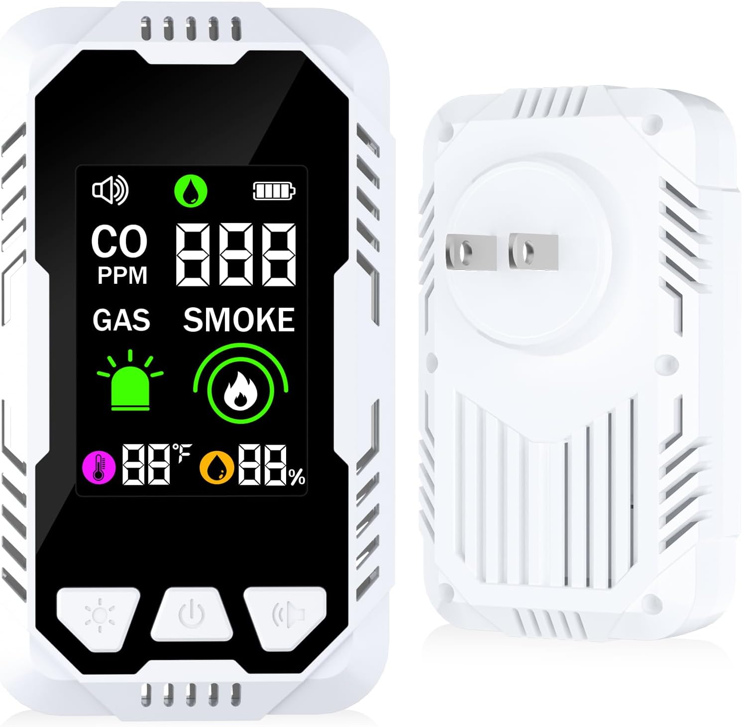 5-in-1 Carbon Monoxide Detector Combo with LCD Display, Detects CO, Natural Gas, Smoke, Temperature, Humidity for Home Hotel, Camping RV, Apartment Safety, Plug-in Monoxide Alarm HD Screen 1 Pack