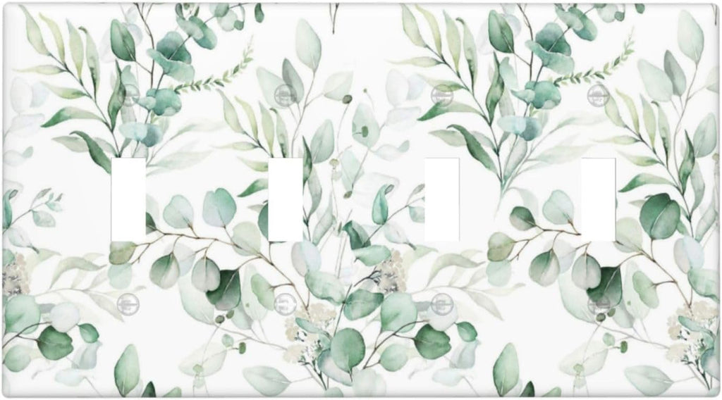 Boho Green Eucalyptus Leaf Floral Plants Flowers Light Switch Covers Quad Toggle Electrical Faceplate 4 Gang Wall Plate Decorative Switch Plates for Bed Room Living Room Decor