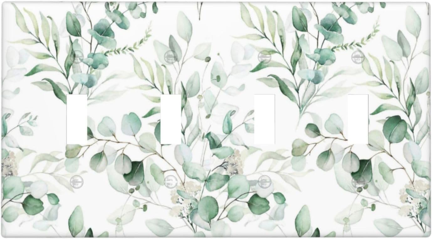 Boho Green Eucalyptus Leaf Floral Plants Flowers Light Switch Covers Quad Toggle Electrical Faceplate 4 Gang Wall Plate Decorative Switch Plates for Bed Room Living Room Decor
