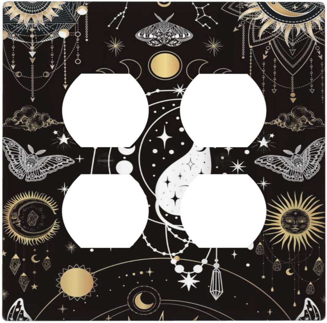 White Cat Tarot Moon Phases Moth Celestial Gothic Outlet Covers 2 Gang Double Duplex Decorative Light Switch Covers Electrical Wallplates Socket Faceplate for Kids Room Bedroom Decor
