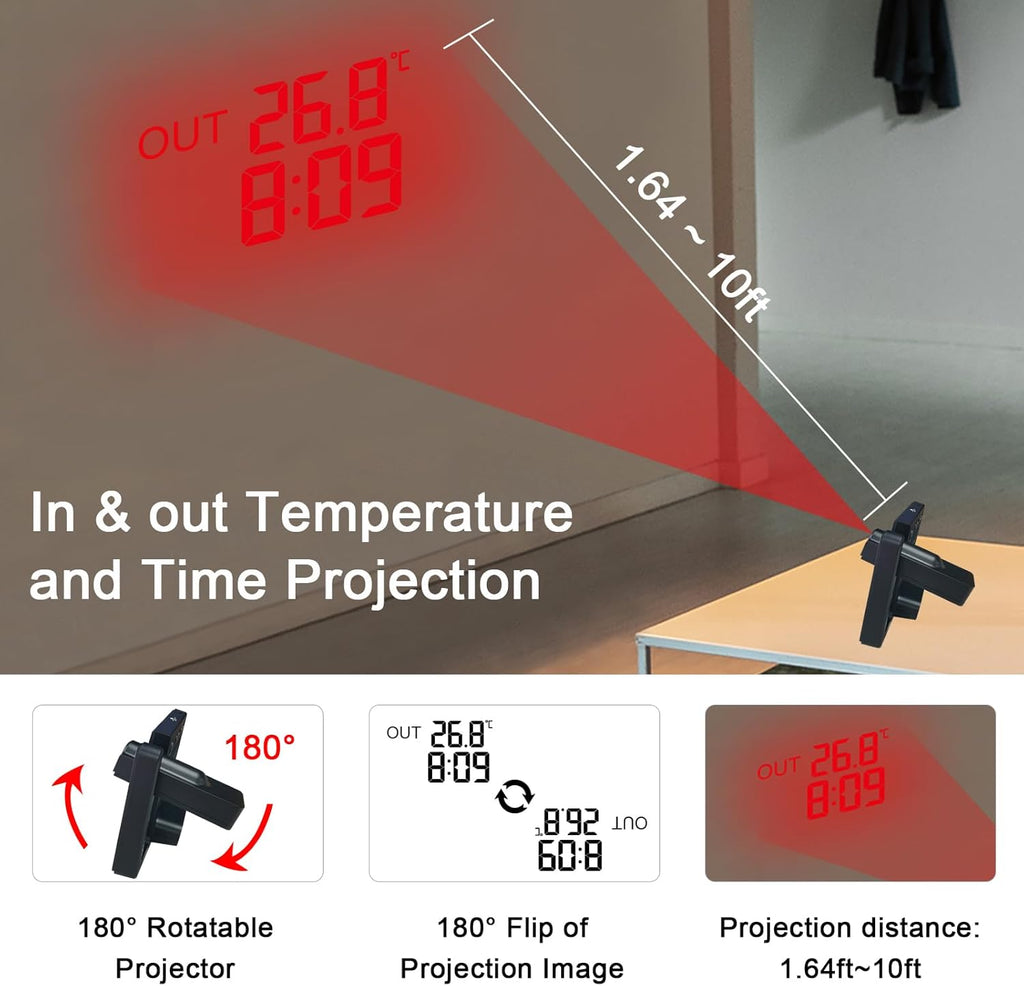 KETOTEK Digital Projection Alarm Clock for Bedroom Ceiling Wall VA LCD Display Radio Controlled Weather Station Indoor Outdoor Temperature Humidity Monitor with 3 Remote Sensors