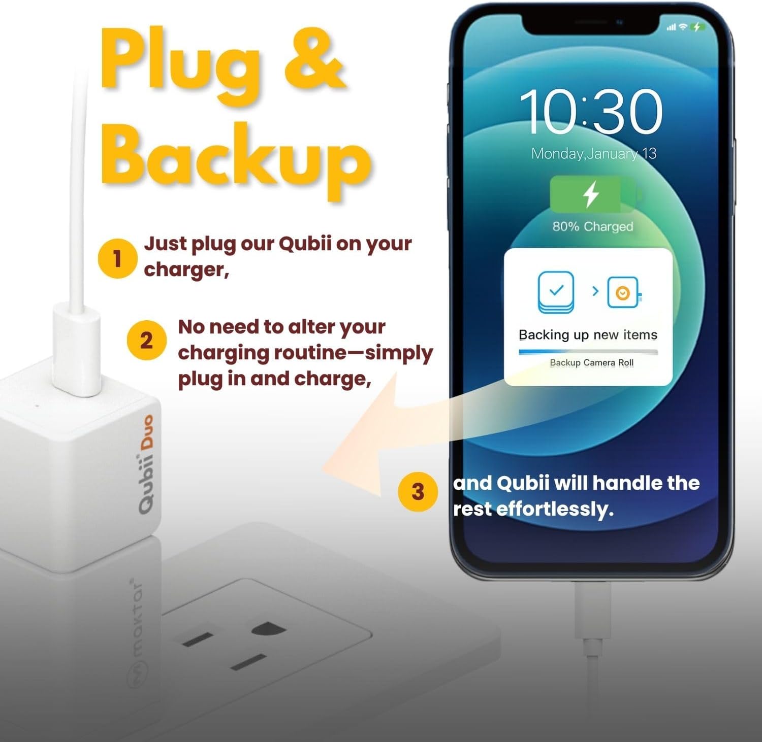 MAKTAR Qubii Duo Automatic Backup Cube with USB-C Cable and 128GB microSD Card, for iPhone/Android Photo and Video Backup