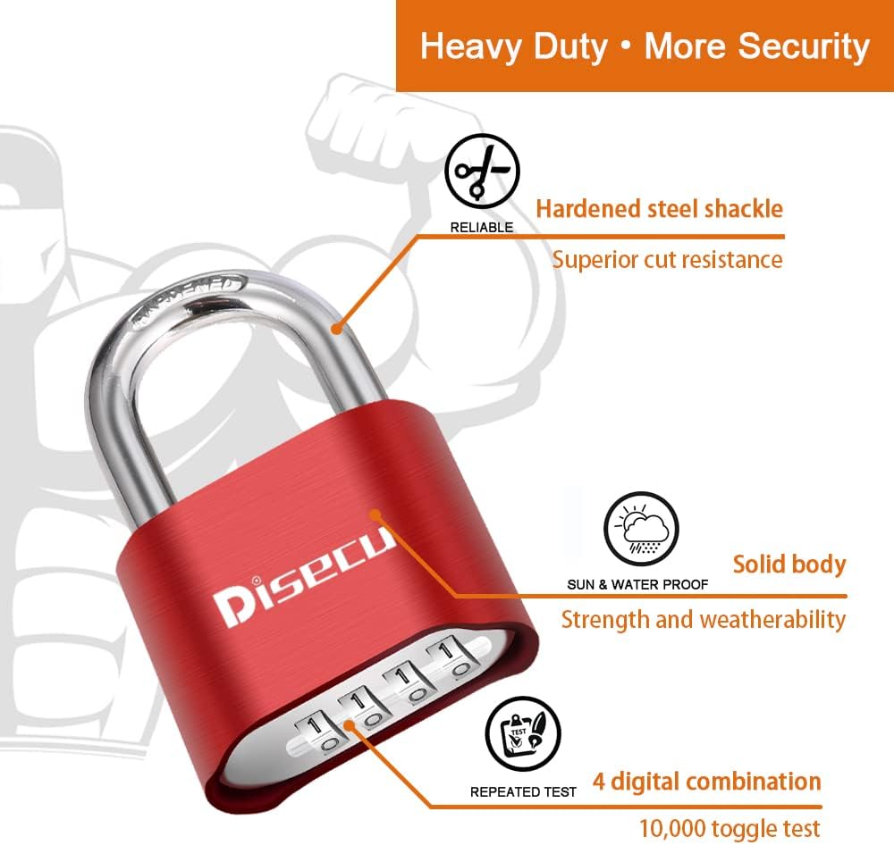 1 Pack disecu Heavy Duty 4 Digit Combination Lock, Outdoor Waterproof Padlock for School Gym Locker, Storage Unit, Shed, Fence, Gate, Toolbox (Red)