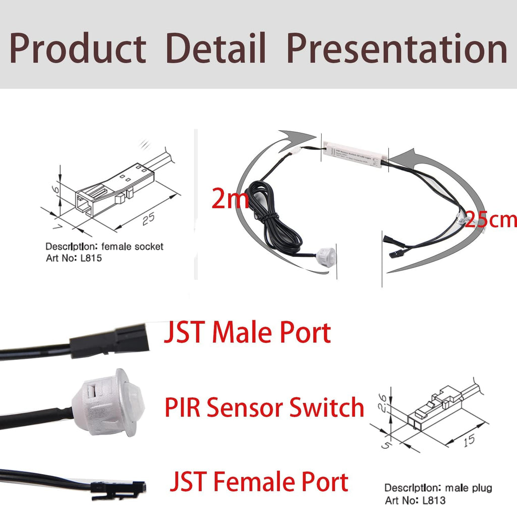 VST Motion Sensor Light Switch, IR Sensor Switch, Led Light Automatic Switch for Closet Light Under Cabinets Counters Wardrobes with 12V JST Male and Female (DC 12/24V 3A)