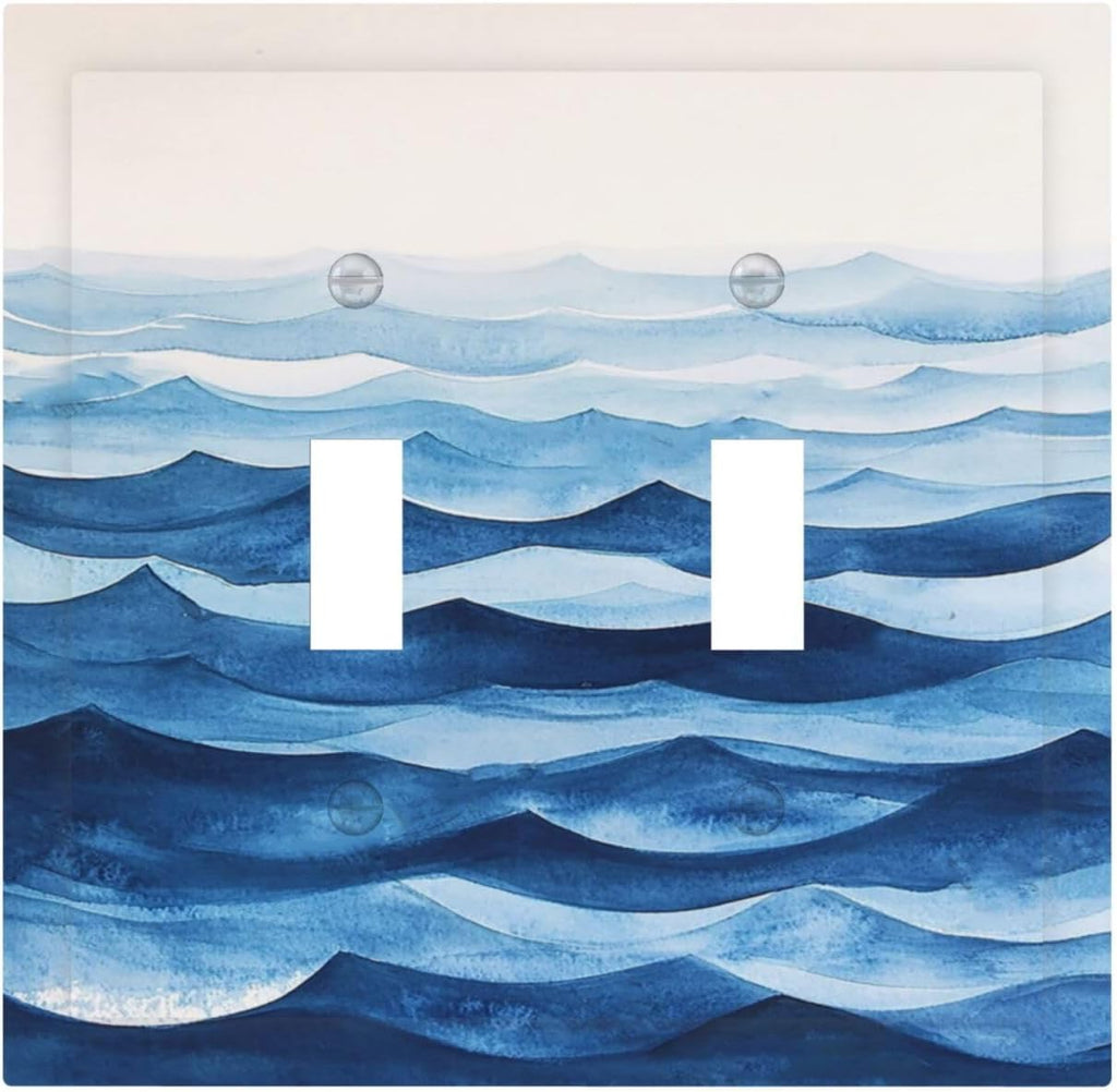 Decorative Switch Plate Covers Blue Watercolor Textured Abstract Ocean Wave 2 Gang Double Toggle Light Switch Cover Plate Electrical Wall Plate Outlet Cover for Bedroom living Room Decor
