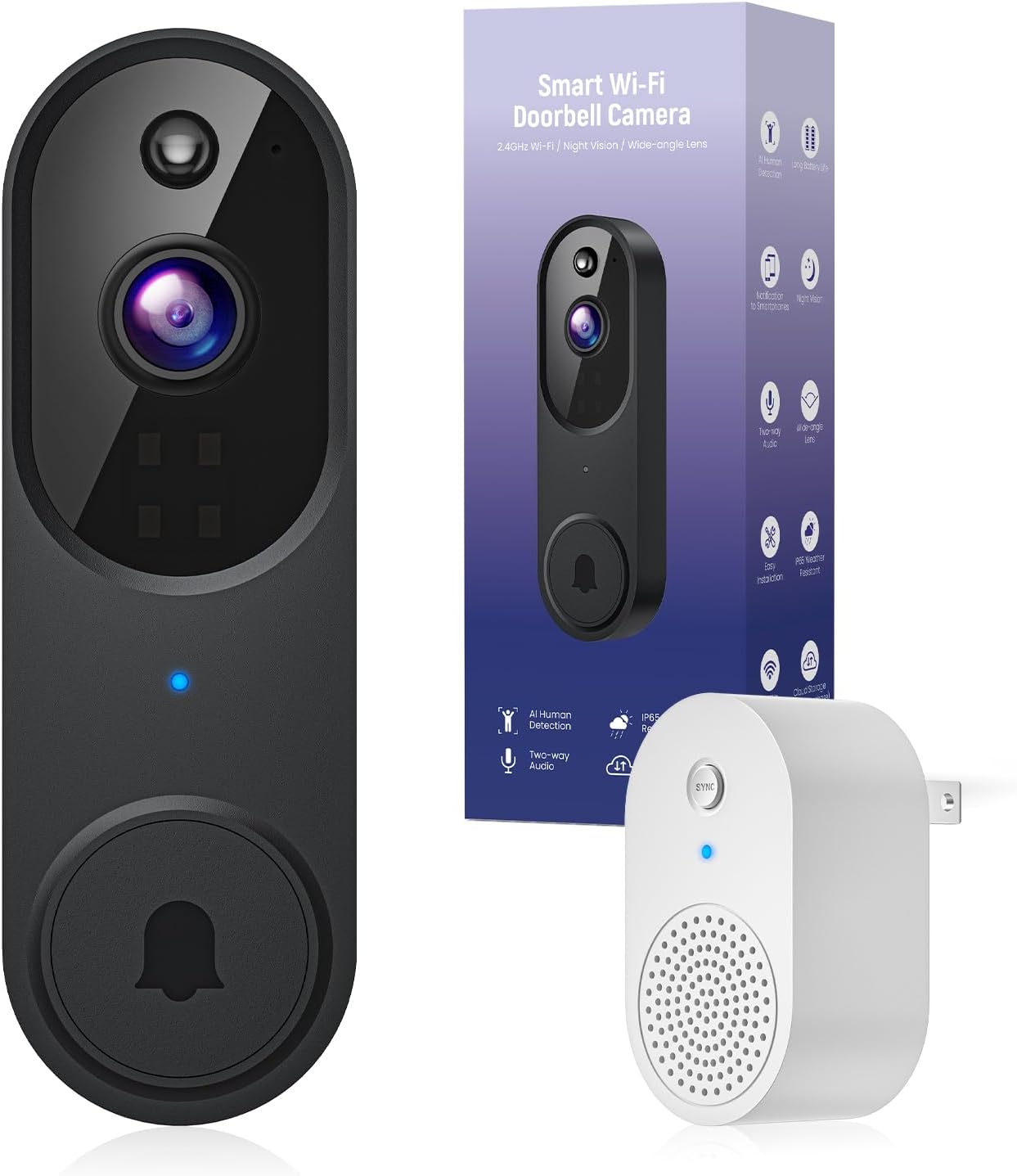 1080p Video Doorbell Camera Wireless with Chime, AI Human Detection, 2-Way Audio, FHD Live View, Wire-Free, Night Vision, Cloud Storage, Battery Powered, Indoor Outdoor Surveillance (Black)