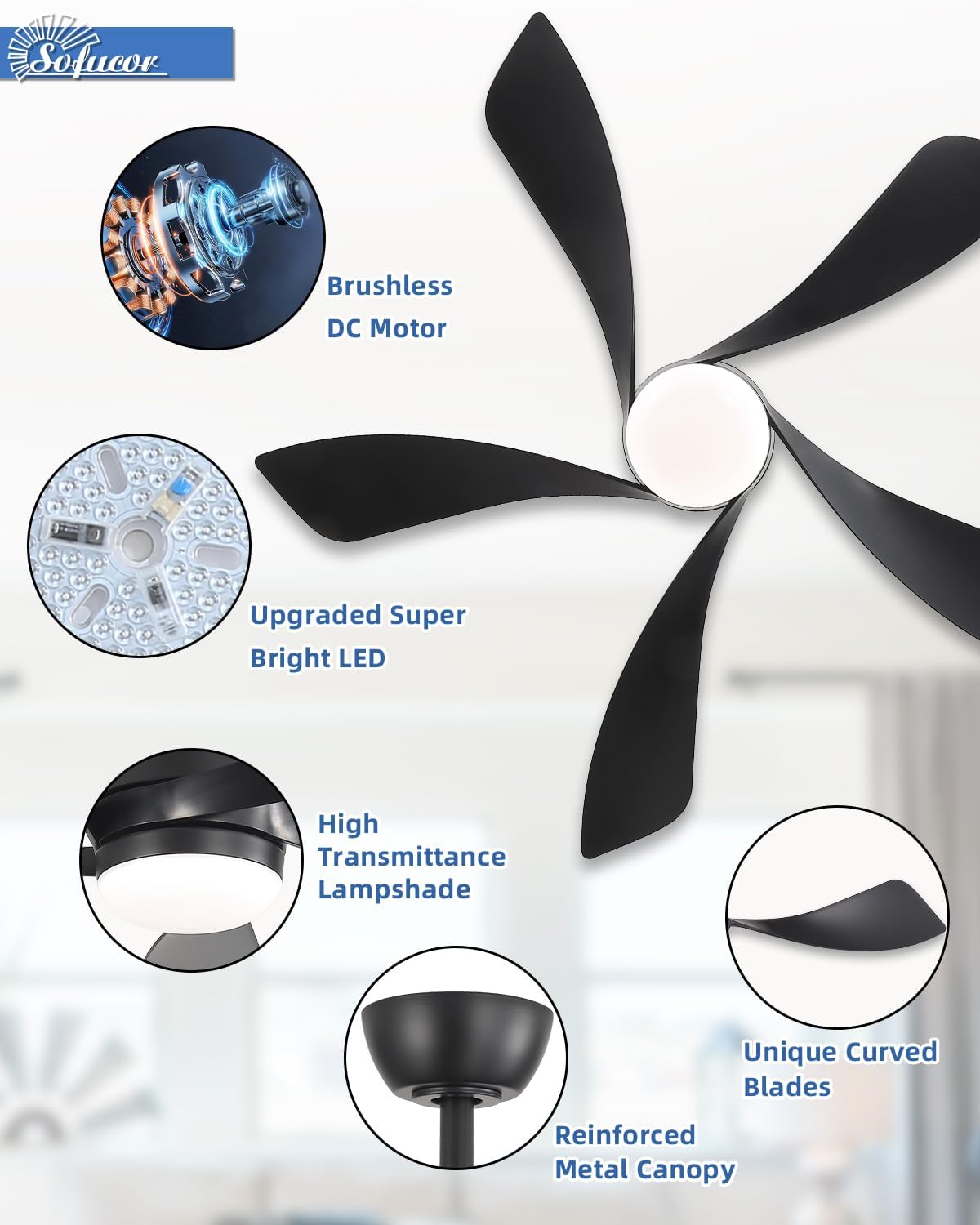 Sofucor 45" Smart Ceiling Fan, Indoor/Outdoor Black Ceiling Fans with Lights and Remote, Works with Alexa/Google/App, 3-Color Light 6-Speed Timing Reversible DC Motor for Bedroom Living Room Patio