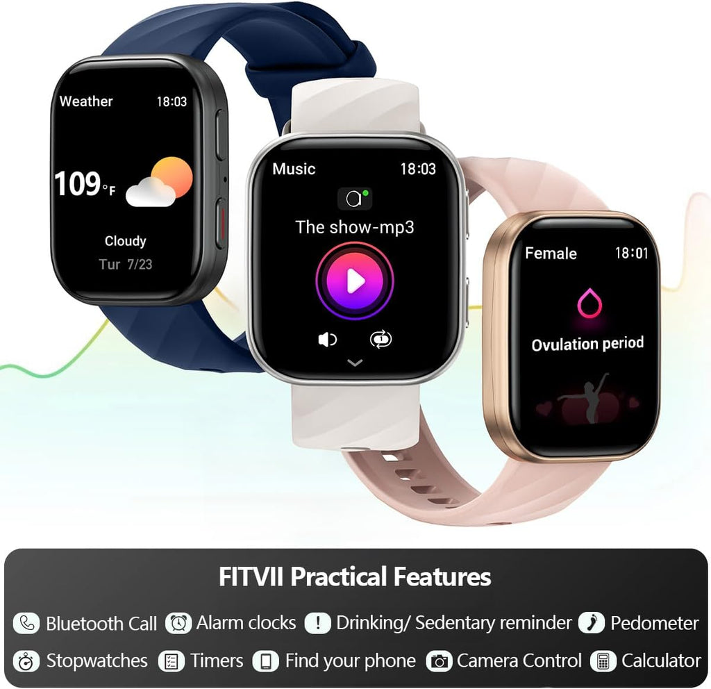 FITVII Health & Fitness Tracker (Answer/Make Calls), Smart Watch with 24/7 Heart Rate and Blood Pressure, Sleep Tracking, Blood Oxygen Monitor, 120+ Sport Modes Activity Tracker for Women Men