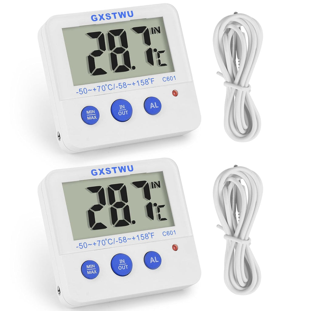 Fridge Freezer Thermometer Max/Min Memory High & Low Temperature Alarms Settings with LED Indicator Digital Refrigeration Thermometer with Magnetic,Stander (WhiteMeter2pack)
