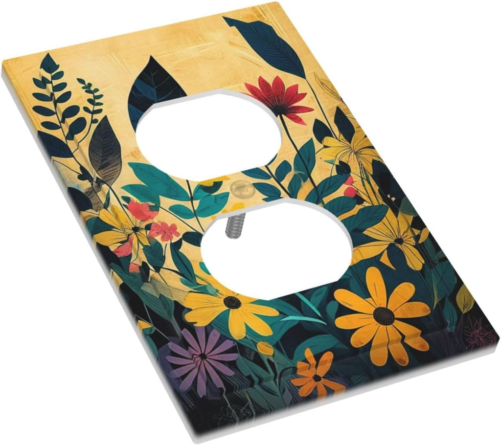 Abstract Minimalist Floral Botanical Boho Flower 1 Gang Duplex Receptacle Switch Wall Plate Decorative Switchplate Outlet Covers Electrical Plug Cover Faceplate for Bathroom Home Decor 5 X 3 IN