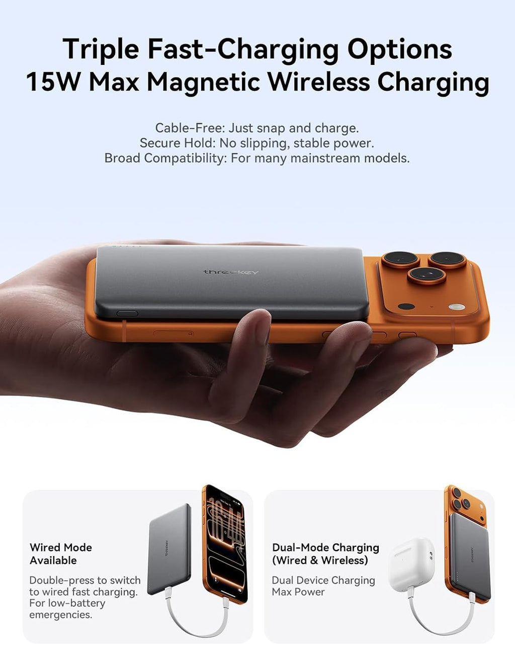 THREEKEY 0.3'' Ultra Slim for MagSafe Portable Charger, 5000mAh Card Slim Magnetic Power Bank,15W Wireless Fast Charging Battery Pack for iPhone 17 Air 16 15 14 13 12 Pro Max Plus (Ice Grey)
