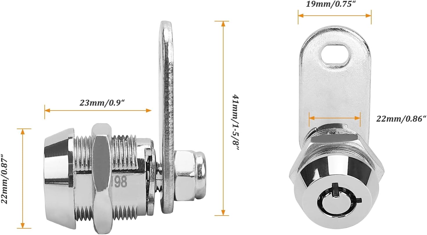 2 Pack Tubular Cam Locks, Cabinet Locks with 7/8'' Cylinder, Atom Lock for Arcade Machine, Gumball Machine, Cash Door, Tool Box, Chrome Finish and Keyed Alike (7/8 Inch 90°)