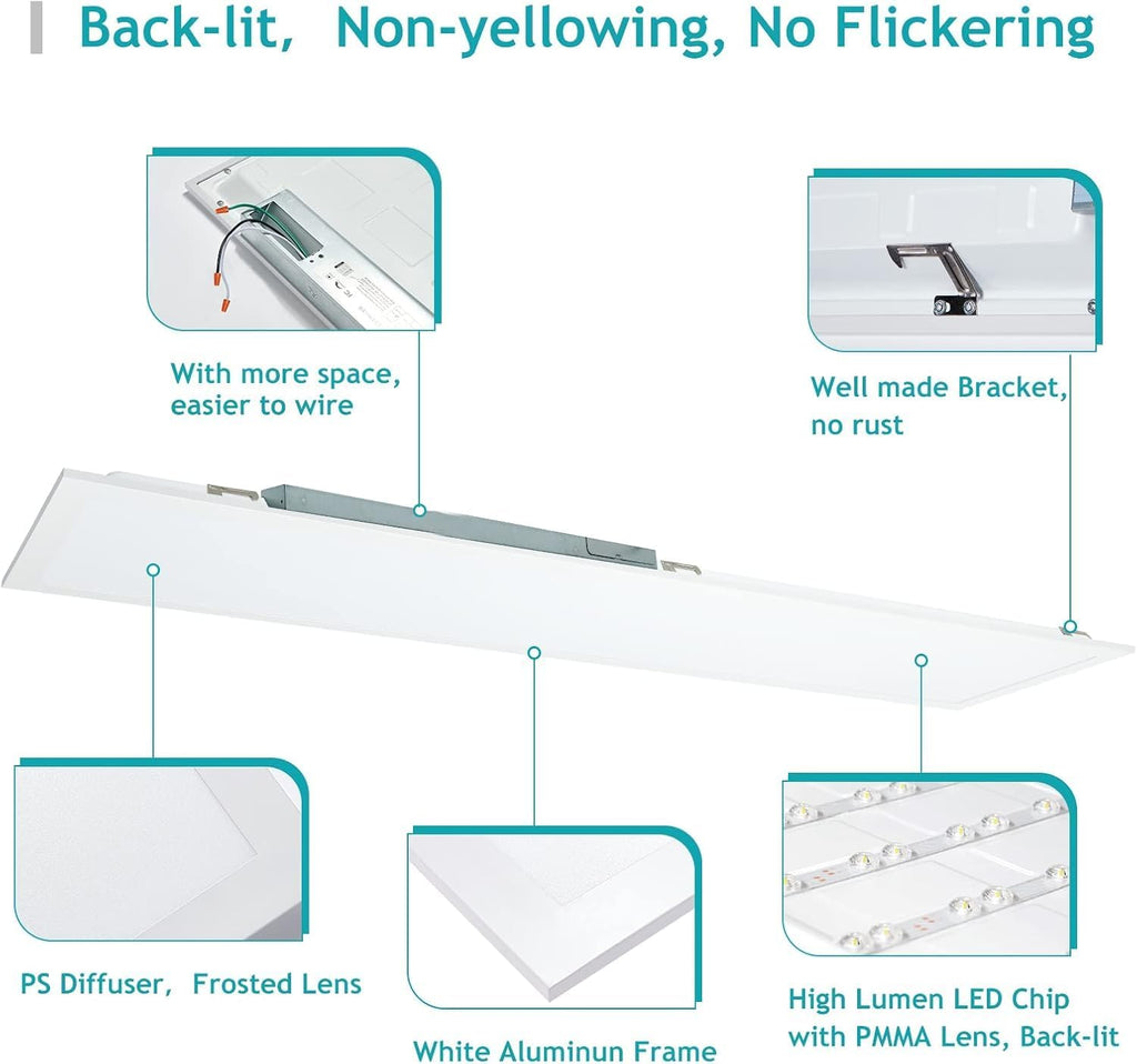 1x4 LED Flat Panel Light 5000K 4000K 3000K - 1x4 LED Troffer Drop Ceiling Light Fixture, 0-10V Dimmable, 100-277V, ETL Listed, 8 Pack