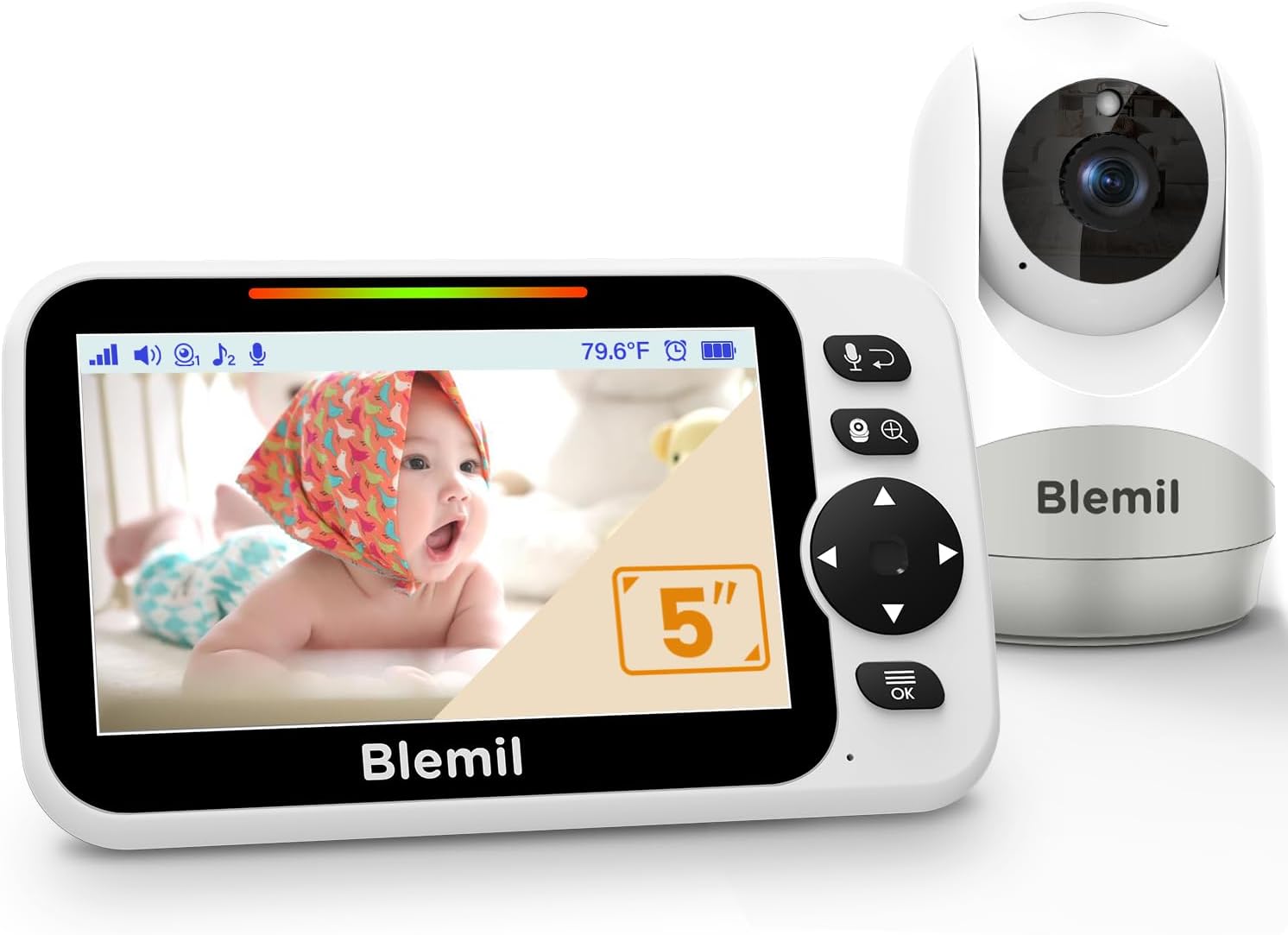 Blemil Baby Monitor with 30-Hour Battery, 5" Large Split-Screen Video Baby Monitor with Camera and Audio, 3500mAh Battery, Remote Pan/Tilt/Zoom Camera, Two-Way Talk, Night Vision, Lullabies, No WiFi