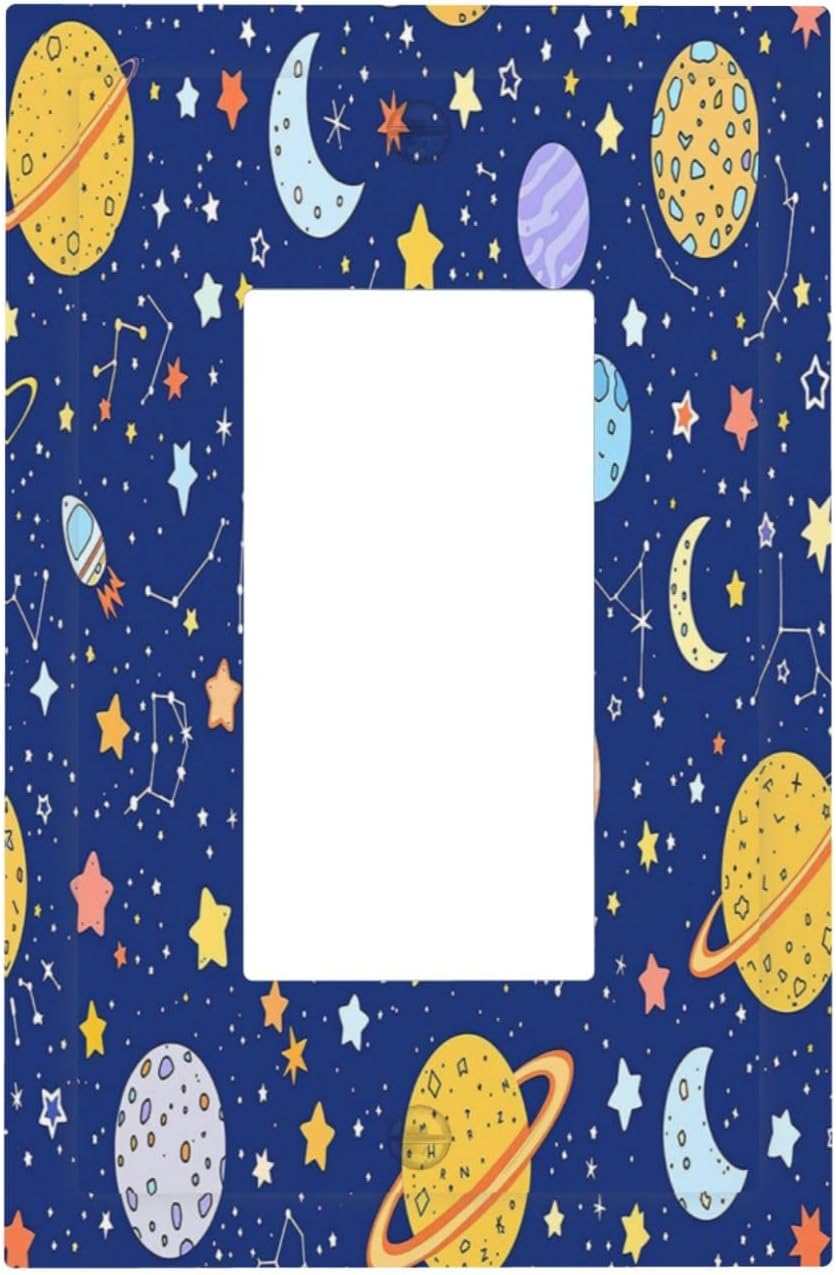 Stars Starry Night Sun Moon Planet Constellations Decorative Outlet Covers 1 Gang Single Rocker Light Switch Cover Plate Wall Plates GFCI Faceplate for Bedroom Bathroom Decor