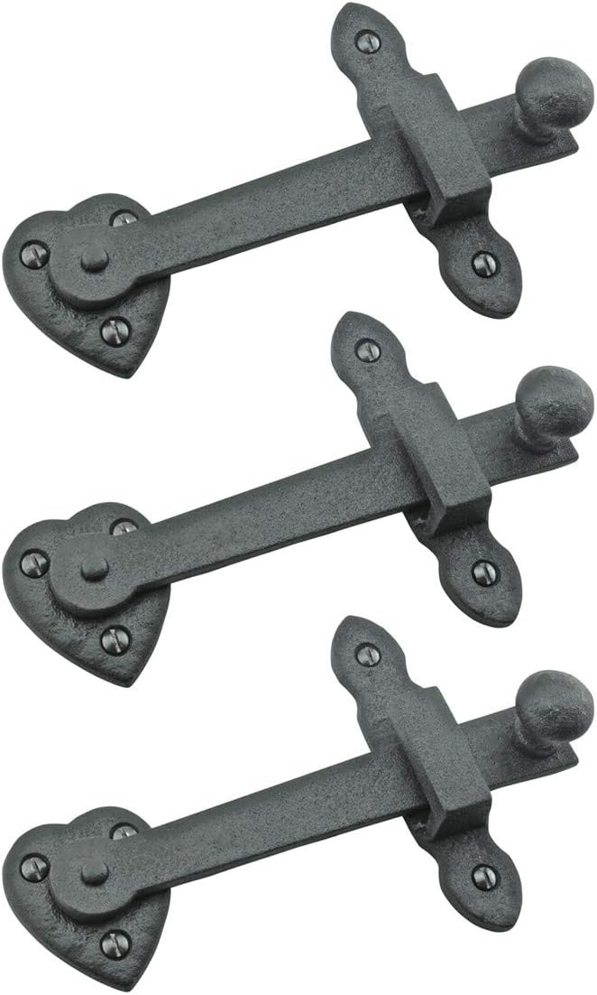 Renovators Supply Black Wrought Iron Gate Flip Latch Antique Heart Style Medium to Light Duty 4 Inches Tall Flip Door Locks Rust Resistant Powder Coated Latches Includes Mounting Hardware Pack of 3