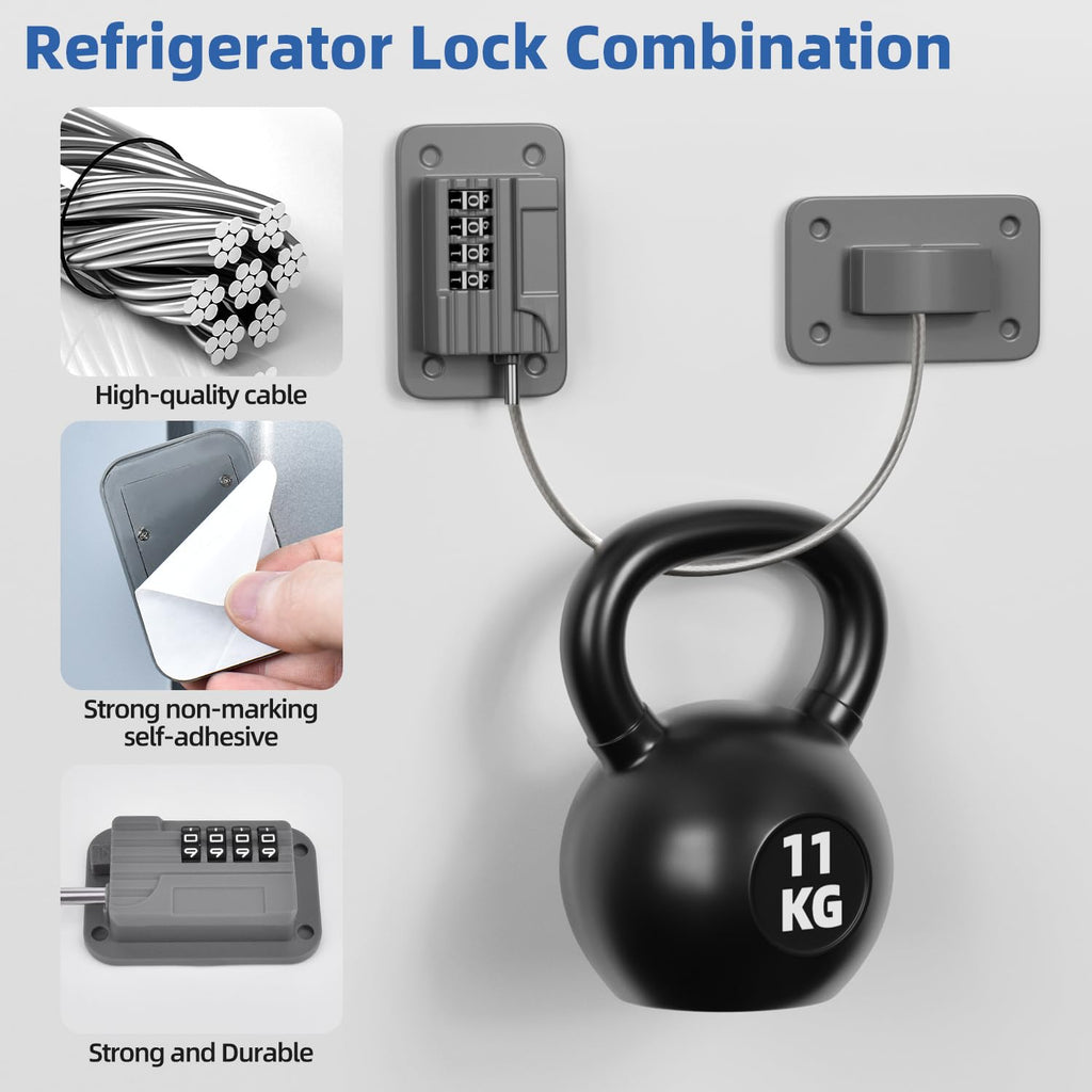 Refrigerator Lock, Heavy Duty Fridge Locks for Kids, Freezer Lock with Combination for Refrigerator Drawer Cabinet Safety, Easy to Install No Keys Needed Grey, 2 Packs
