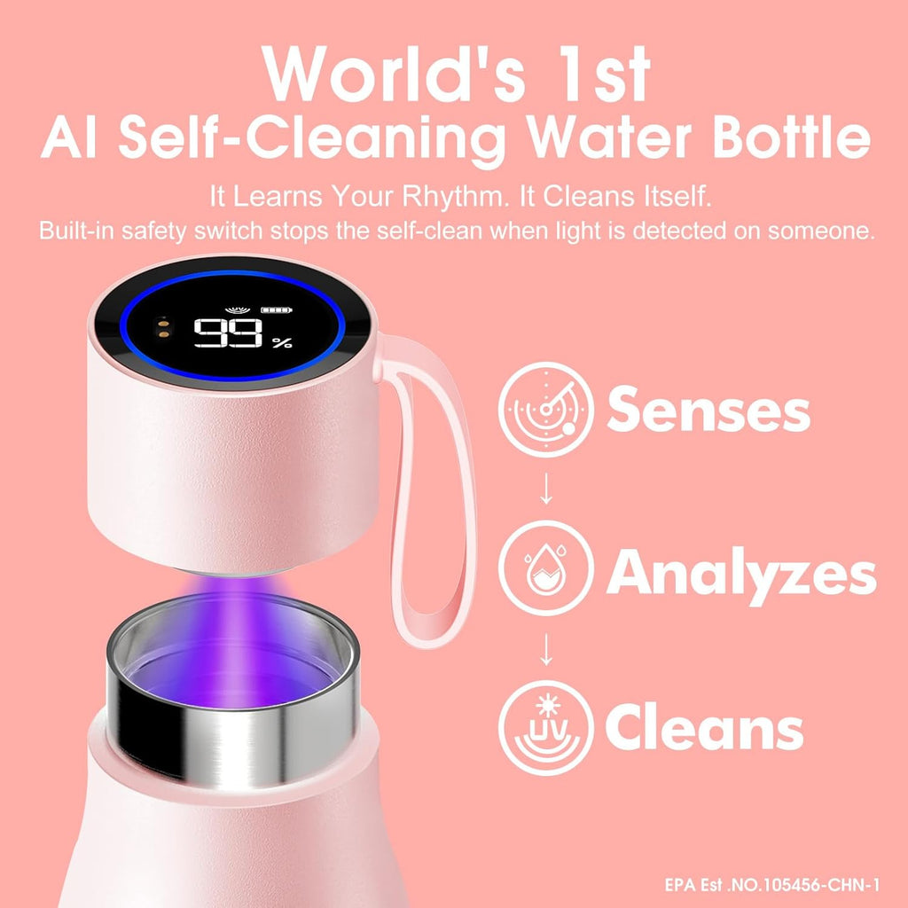 VSITOO 15oz Smart Self Cleaning Water Bottle，Insulated Water Bottle with Stainless Steel, BPA-Free, AI Self-Clean, 30-Day Battery, Magnetic Charging for Travel, Gym or Office, Pink