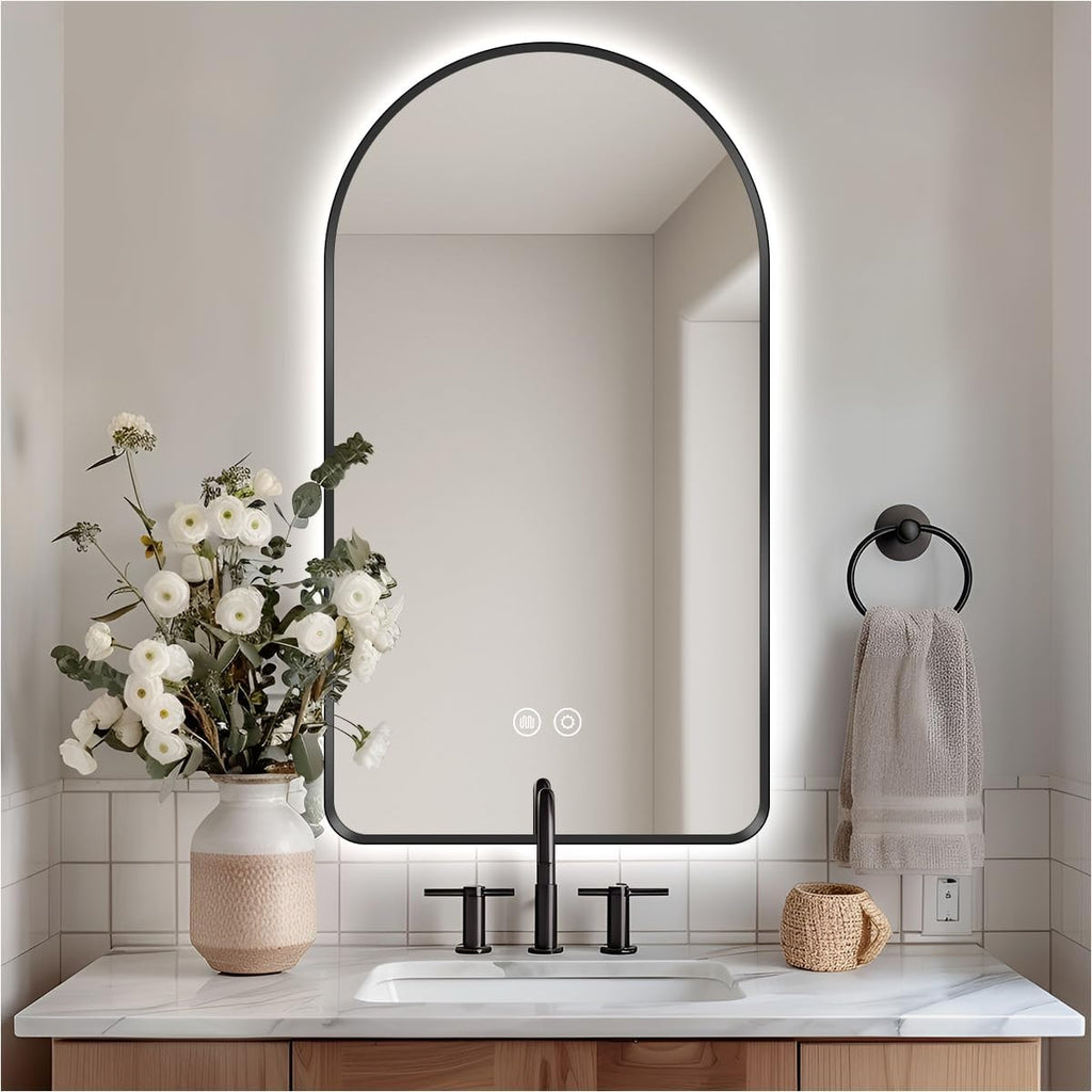 40" x 24" Arched LED Bathroom Mirror, Black Framed, Backlit Vanity Mirror with Lights, Wall Mounted Lighted Mirror, Dimmable 3-Color Shatter-Proof Arch Smart Mirror, UL-Listed, CRI≥93