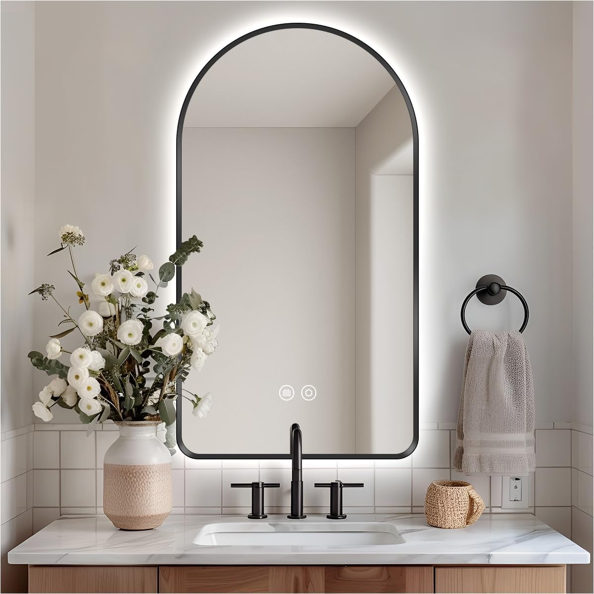40" x 24" Arched LED Bathroom Mirror, Black Framed, Backlit Vanity Mirror with Lights, Wall Mounted Lighted Mirror, Dimmable 3-Color Shatter-Proof Arch Smart Mirror, UL-Listed, CRI≥93