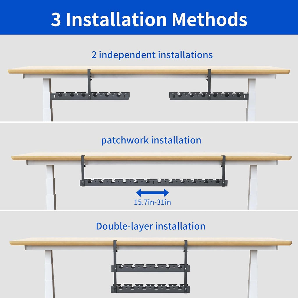 31Inch Extendable Under Desk Cable Management Tray Multi-Model Metal Cable Management Tray Under Desk Cord Management with Clamp Power Strip Cord Holder for Wire Cable Management