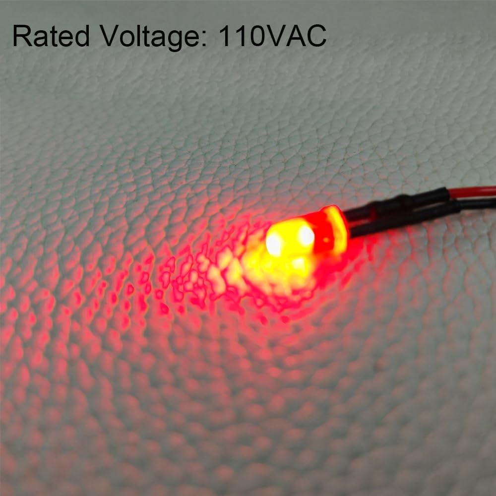 50pcs 110VAC 5mm Red LED Lights Emitting Diodes, Prewired 7.9 Inch V LED Light Diffused Colored Lens Small LED