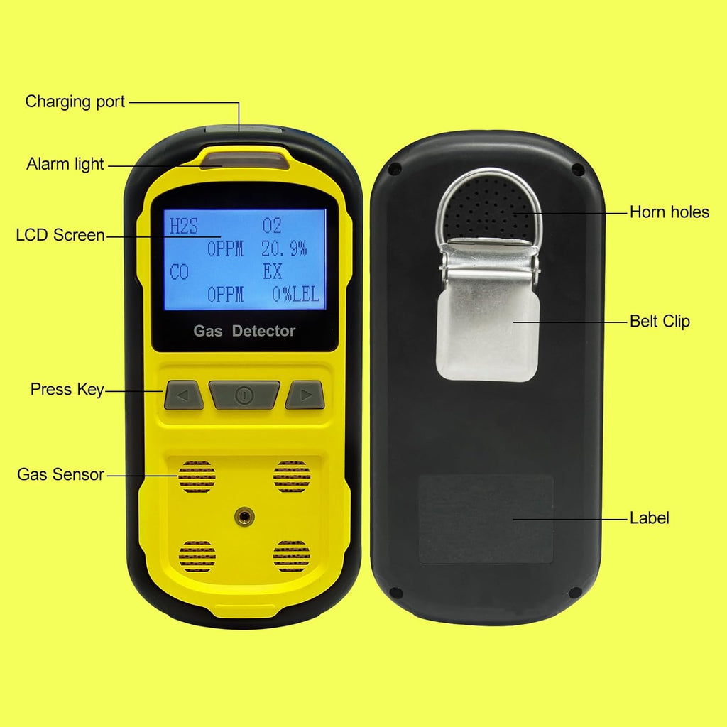 Upgraded 4 Gas Monitor Multi Gas Detector, Yfwsrecinoe Gas Leak Detector, Rechargeable 4 Gas Monitor Ex H2s Co O2 with LCD Multiple Indicator (Yellow)
