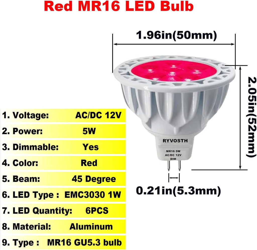 6-Pack MR16 Red Led Bulbs 5W Replace 35W 50W Halogen Equivalent,12V Low Voltage MR16 GU5.3 Red Color Bulb Spotlights for Outdoor Landscape Flood Track Lighting, Dimmable