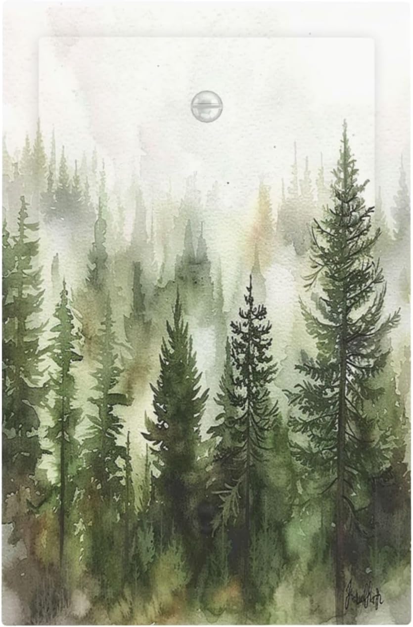 Light Switch Cover Plate Green Forest Watercolor Painting Foggy Pine 1 Gang No Device Blank Electrical Wall Plates Faceplate Decorative Switch Plate for Bedroom living Room Decor