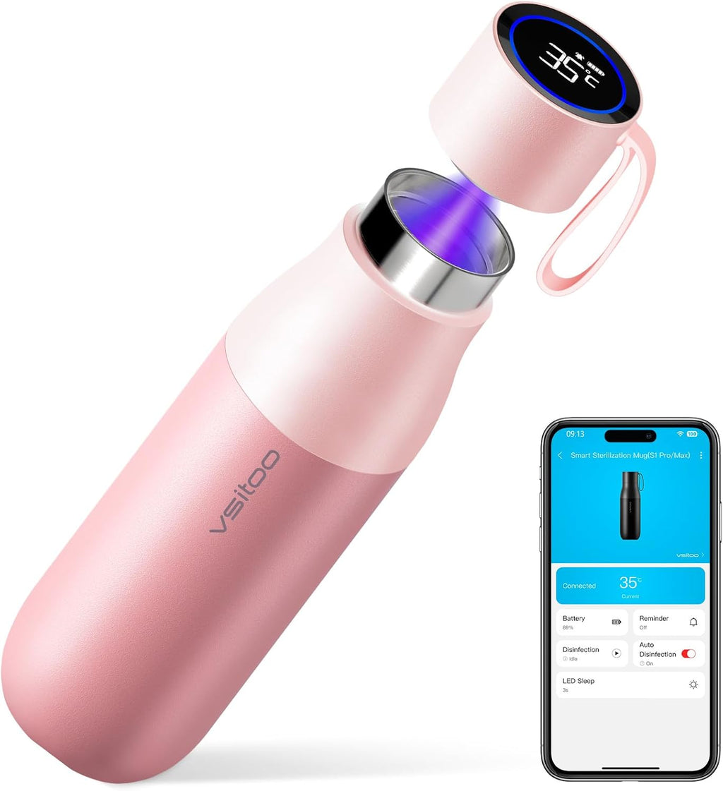 VSITOO 15oz Smart Self Cleaning Water Bottle，Insulated Water Bottle with Stainless Steel, BPA-Free, AI Self-Clean, 30-Day Battery, Magnetic Charging for Travel, Gym or Office, Pink