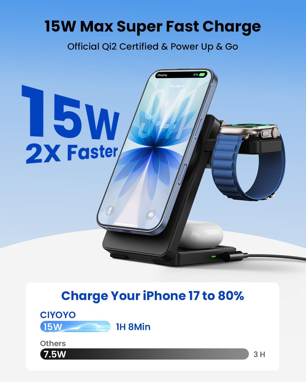 Magnetic Wireless Charger Stand for iPhone: CIYOYO Qi2 15W Max 3-in-1 Fast Charging Station, Foldable Wireless Charger for iPhone 17 16 15 14 13 12 Series, Apple Watch & AirPods, Portable Travel Dock