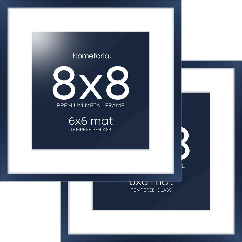 Homeforia Navy Blue Frame 8x8, High End Metal 8 x 8 Square Picture Frames with Mat 6 x 6 Art, 8x8 Photo Frame Matted to 6x6 inch Print, 8by8 Wall or Tabletop Frames, Tempered Glass, Wall Kit, Set of 2
