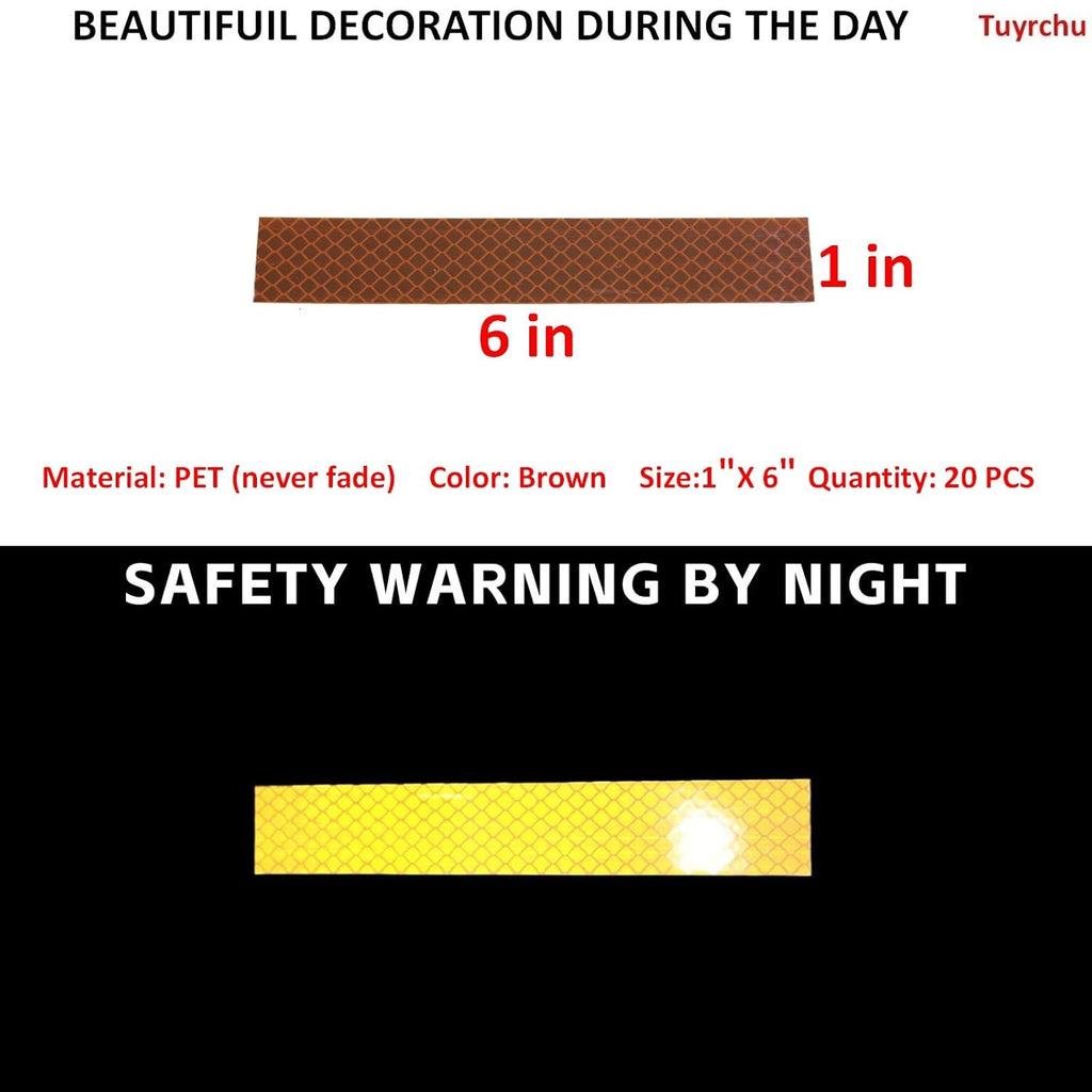 Non Fading Brown Reflective Stickers 1 inch X 6 inch, Outdoor Waterproof High Visibility Warning Safety Adhesive Reflector Tape (20 Pcs)