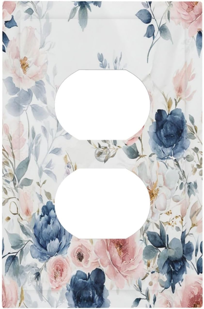Elegant Watercolor Pink Blue Flowers Floral 1 Gang Duplex Receptacle Switch Wall Plate Decorative Switchplate Outlet Covers Electrical Plug Cover Faceplate for Bathroom Home Decor 5 X 3 IN
