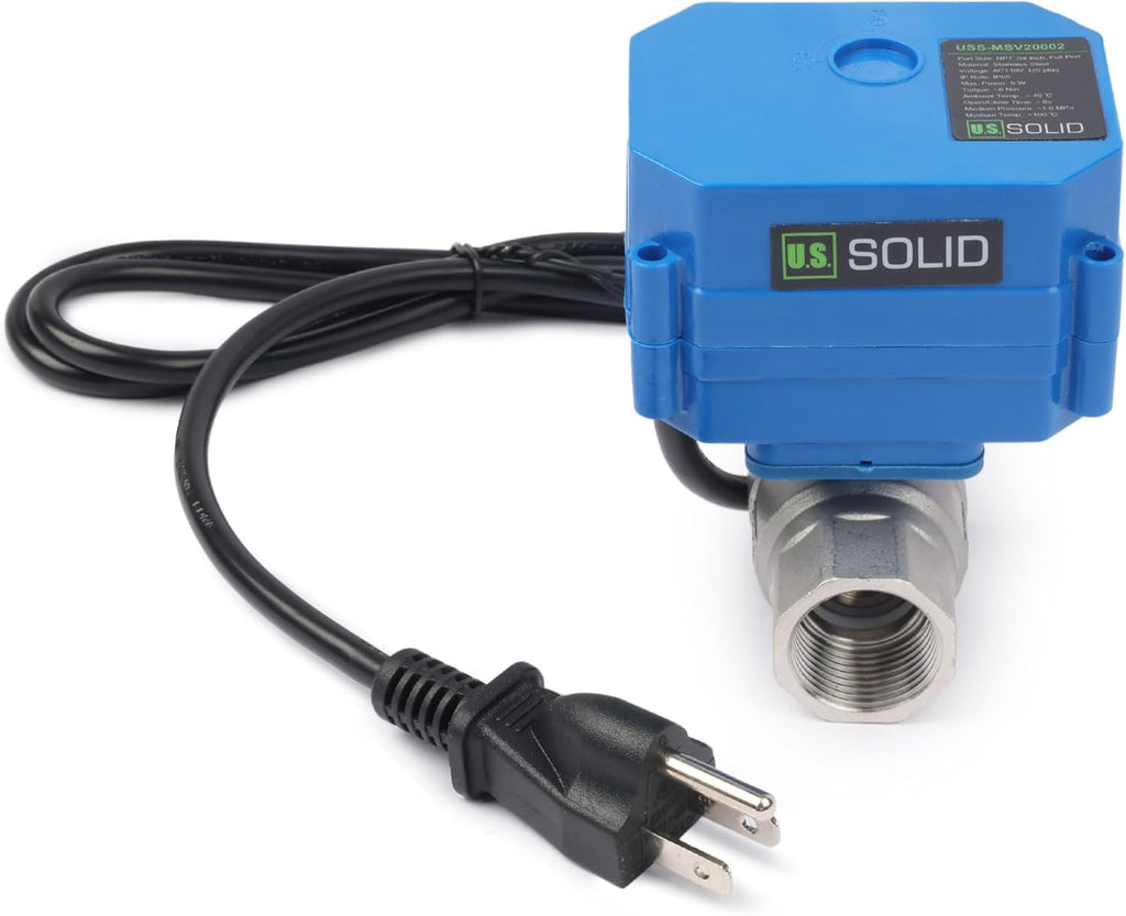 U.S. Solid 3/4" NPT 2-Way Motorized Ball Valve with US Plug 110VAC 304 Stainless Steel Electrical Ball Valve, Auto Return, Normally Closed, IP65, NSF Certified