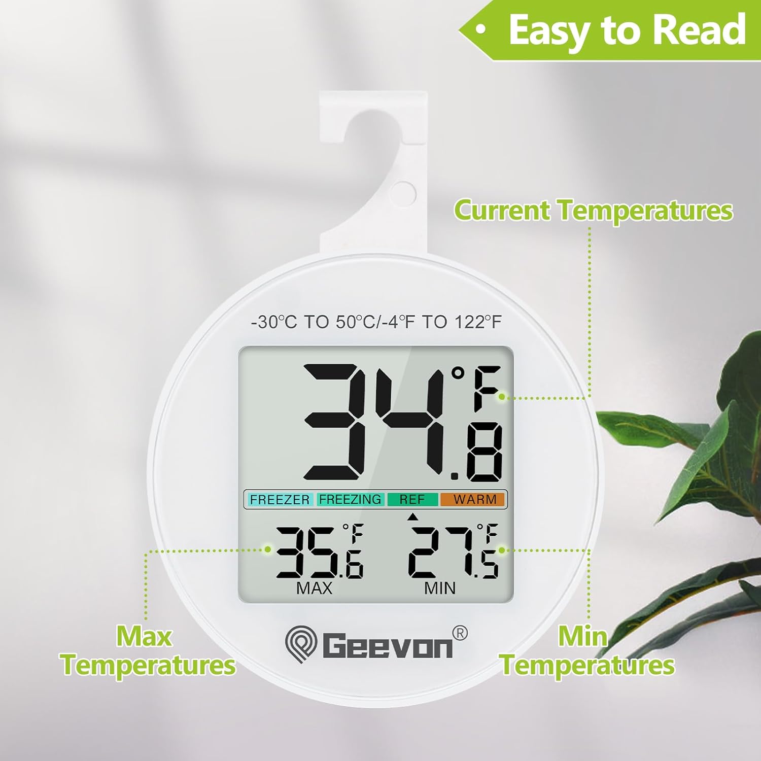 Geevon Small Digital Refrigerator Thermometer 2 Pack, IP65 Waterproof Commercial and Home Use, Max/Min Record Function with LCD Screen, Stand and Magnetic Back, for Fridge, Freezer Scenarios