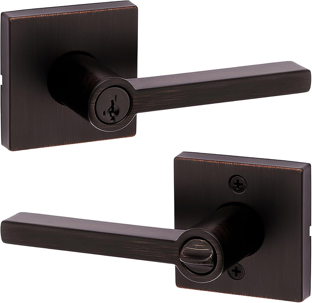 Kwikset Halifax Entry Door Handle with Lock and Key, Secure Keyed Reversible Lever Exterior, For Front Entrance and Bedrooms, Venetian Bronze, Pick Resistant Smartkey Rekey Security and Microban