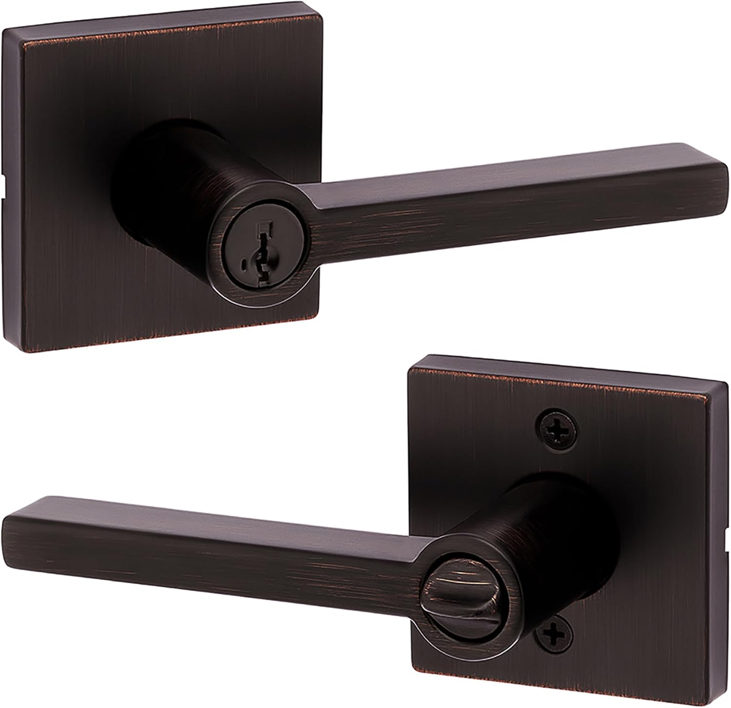 Kwikset Halifax Entry Door Handle with Lock and Key, Secure Keyed Reversible Lever Exterior, For Front Entrance and Bedrooms, Venetian Bronze, Pick Resistant Smartkey Rekey Security and Microban