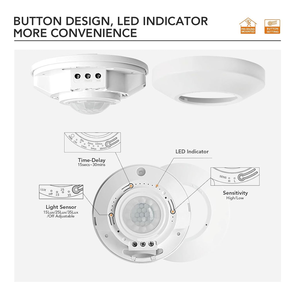 RAYZEEK DC 12/24V 10A Low Voltage Ceiling Sensor Pir Occupancy Motion Detector,360 Motion Sensor,8-12M High Sensitive Ceiling Motion Sensor Switch, Commercial/Industrial Grade, White
