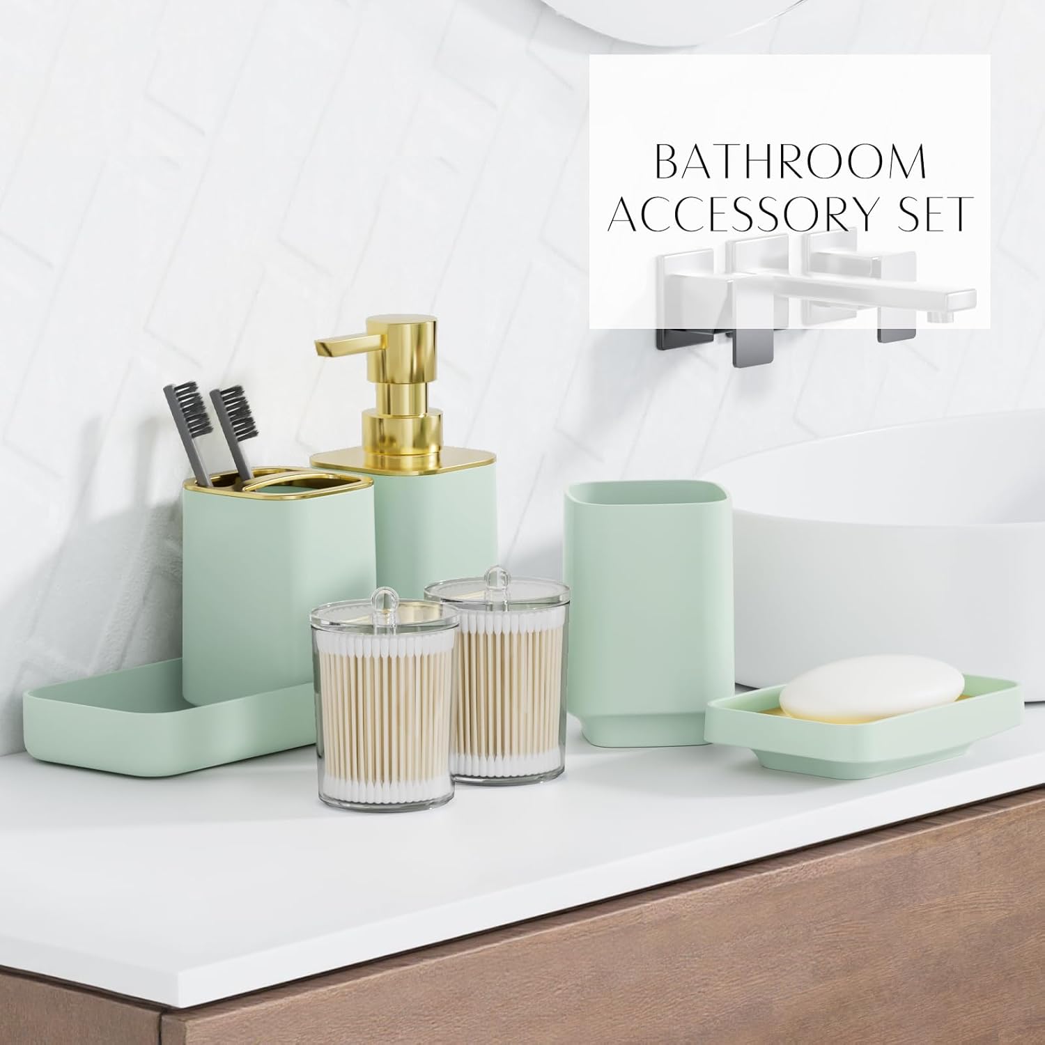 9PCS Bathroom Accessory Set, Green Bathroom Set with Large-Capacity 4 Gallon Trash Can, Bathroom Accessories Set Complete, Toothbrush Holder, Soap Dispenser, Toilet Brush, Bathroom Decor