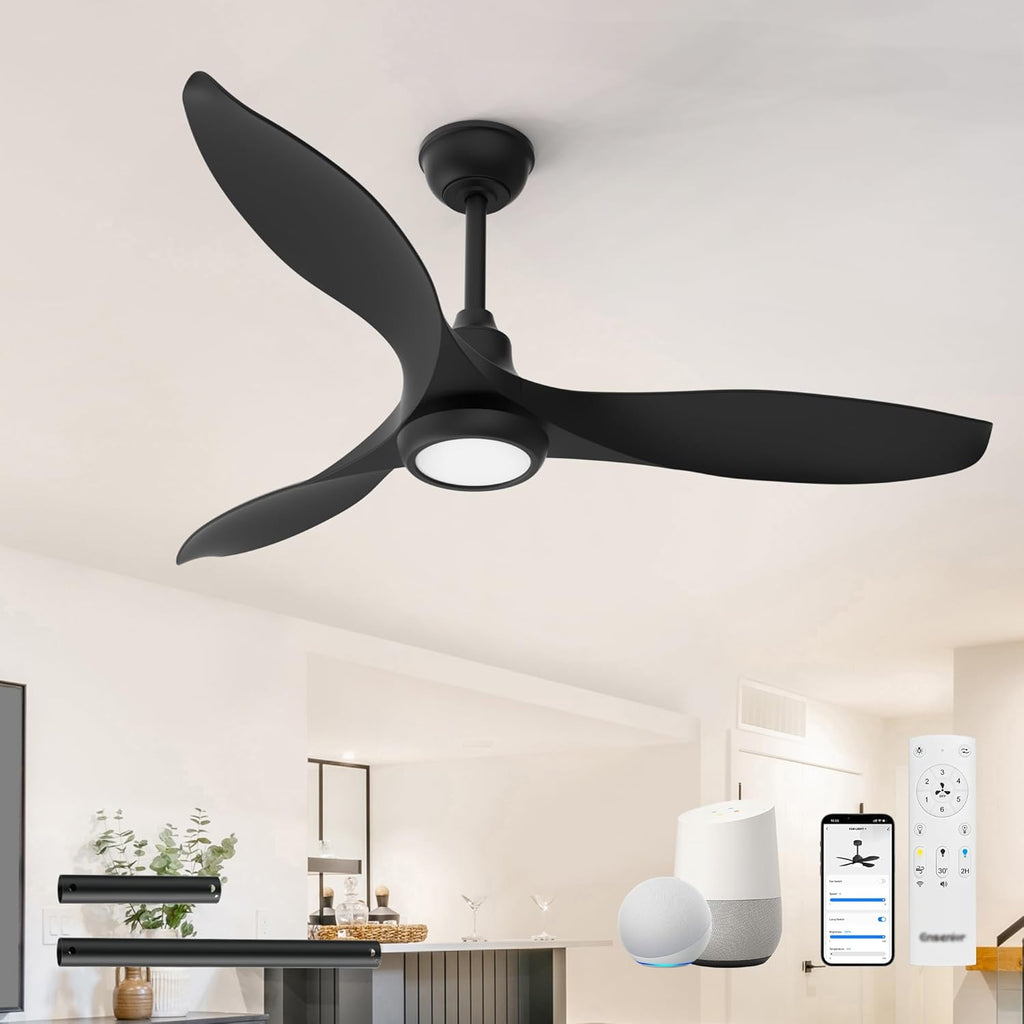 Ensenior 52 Inch Smart Ceiling Fans with Lights and Remote, Control via Alexa Google Voice App, 6 Speeds Reversible DC Motor 3000K-6000K, Dimmable LED, Black Bedroom Ceiling Fan with Lights - 3 Blades