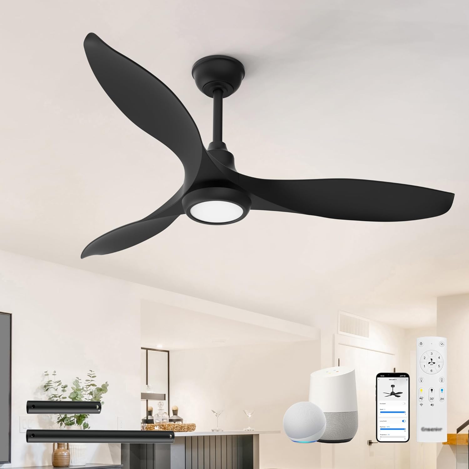 Ensenior 52 Inch Smart Ceiling Fans with Lights and Remote, Control via Alexa Google Voice App, 6 Speeds Reversible DC Motor 3000K-6000K, Dimmable LED, Black Bedroom Ceiling Fan with Lights - 3 Blades