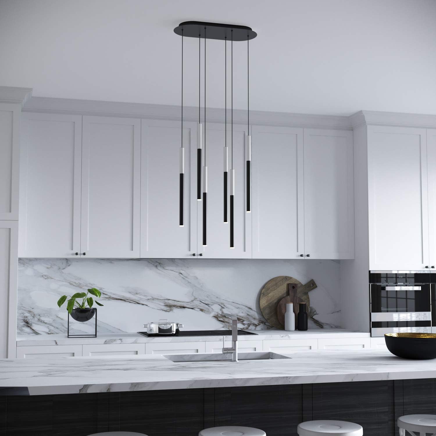 ALTAIR 6 Mini Pendant Lighting White-Black - LED Hanging Light Fixture for Kitchen Island, Bar, Foyer - Cluster Pendants - Dimmable, Adjustable Wire, Lamp Bulb Included
